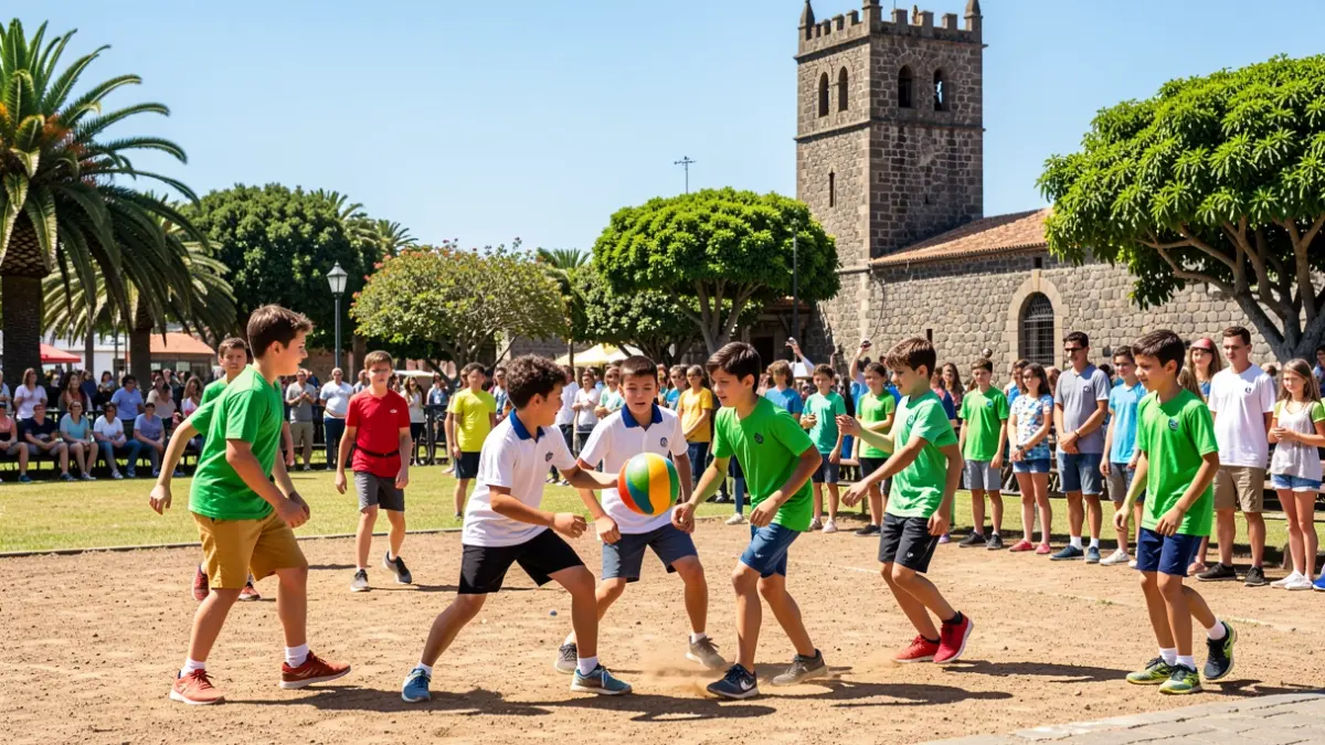 Escolares participando en juegos tradicionales canarios en La Gomera.