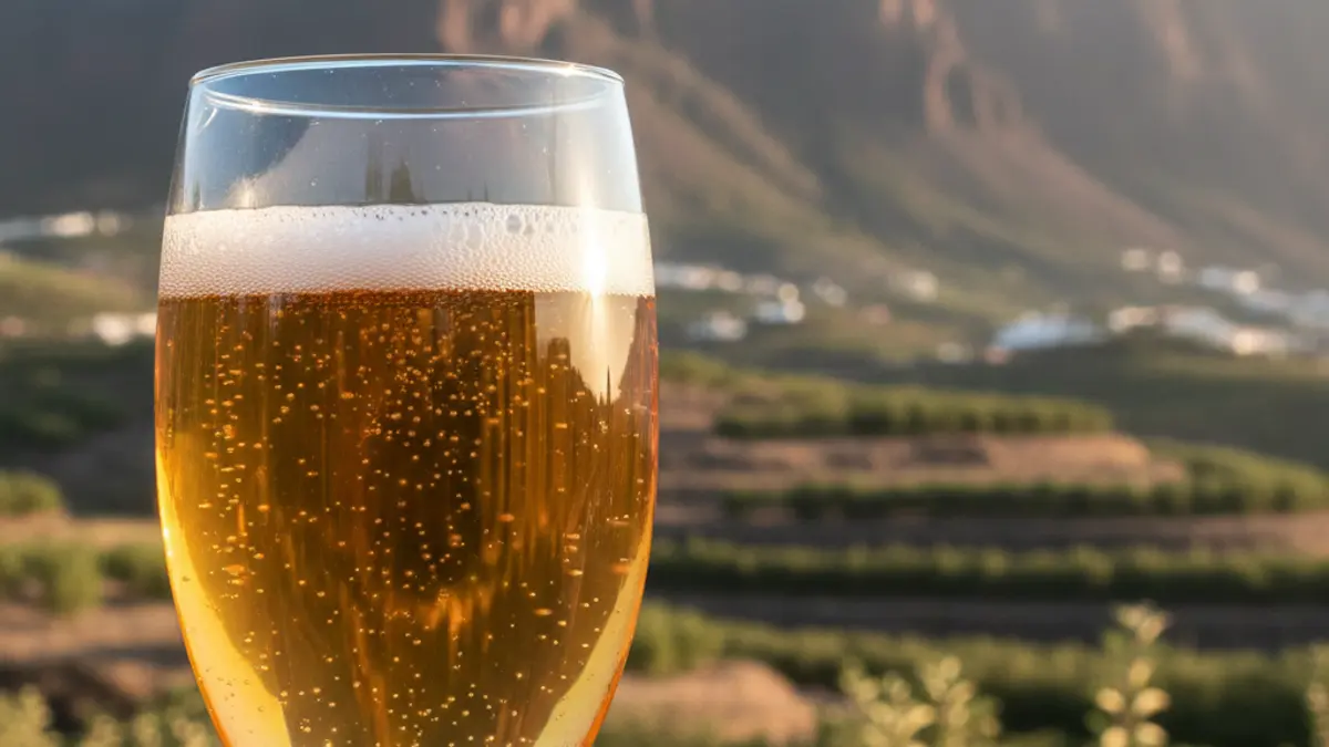 Copa de sidra espumosa con burbujas finas, con un paisaje volcánico y manzanos de fondo en Gran Canaria.