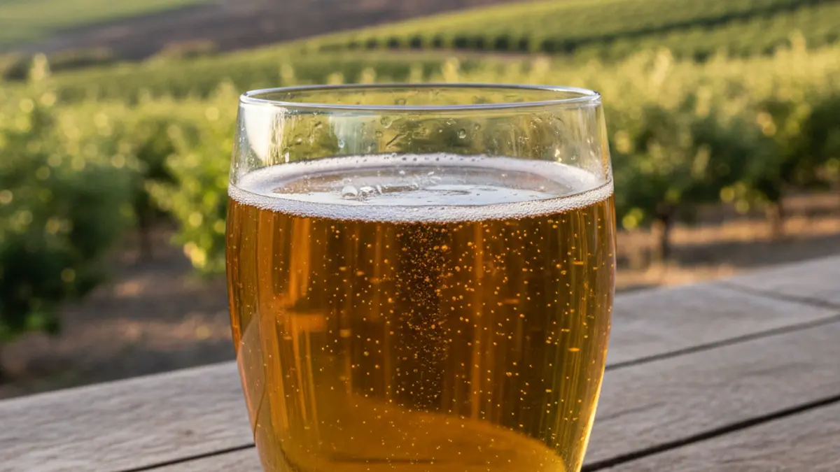 Imagen de una copa de sidra de Gran Canaria, destacando su color y burbujas.