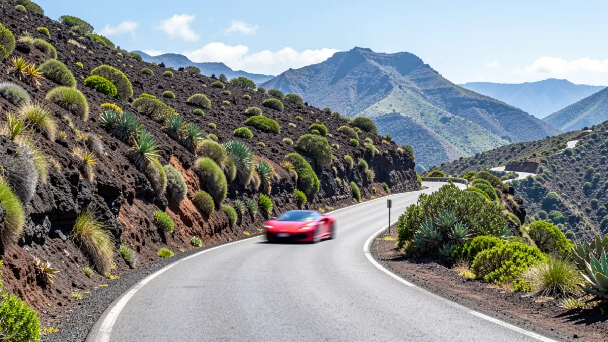 Generic image of a mountain road in the Canary Islands with vegetation and a blurred sports car.