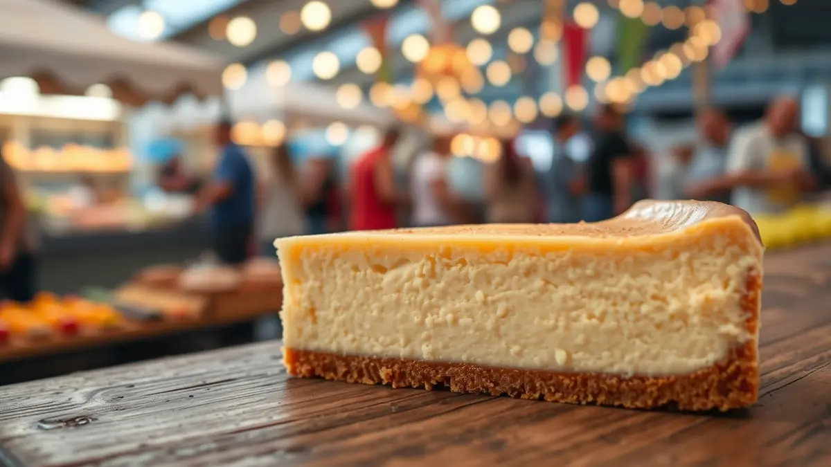 Image of a slice of semi-cured cheese tart in a gastronomic fair setting.