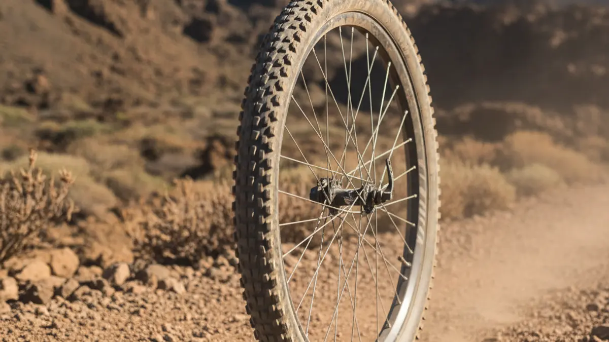 Imagen genérica de una rueda de bicicleta de montaña en un sendero rocoso.