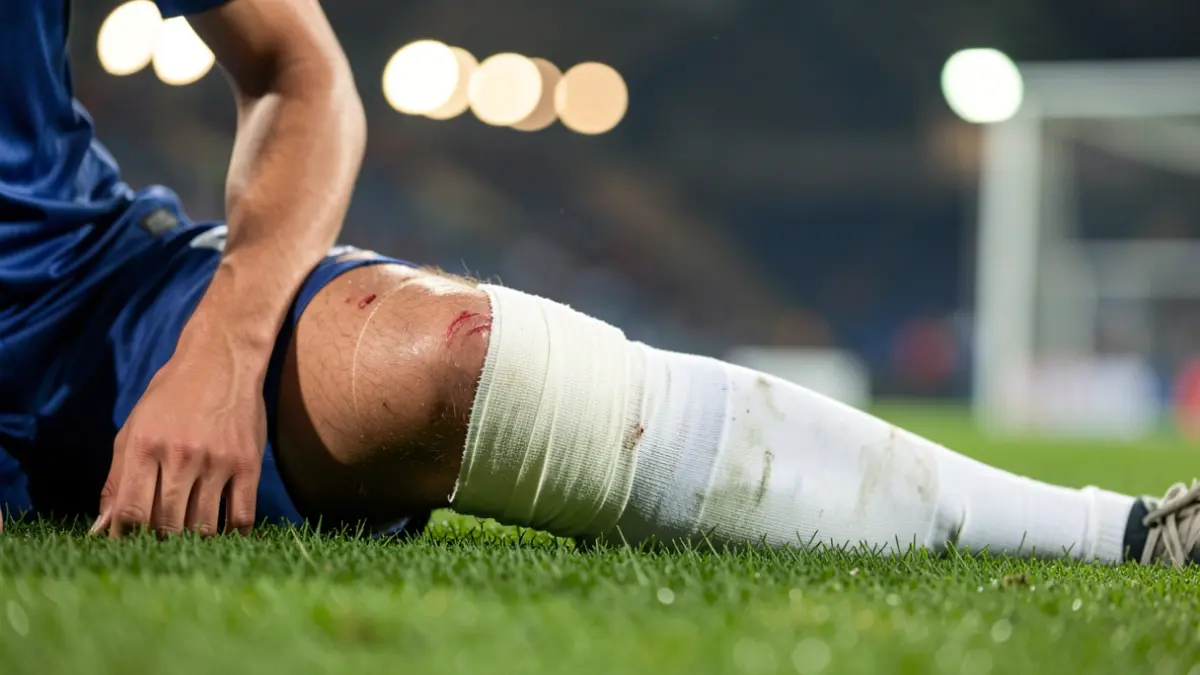 Imagen genérica de una pierna lesionada de un futbolista en un campo de césped.