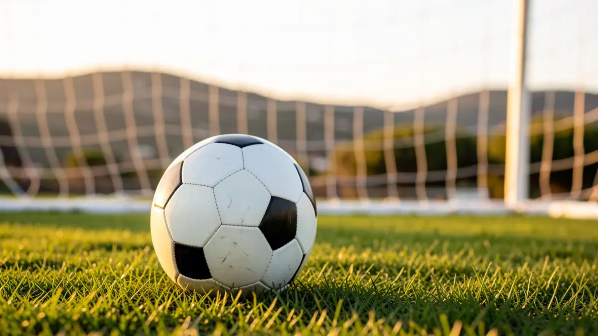 Imagen genérica de un balón de fútbol sobre césped con la red de una portería desenfocada al fondo.