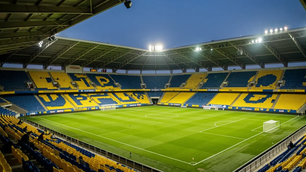 Imagen genérica de un estadio de fútbol al atardecer con el césped iluminado.