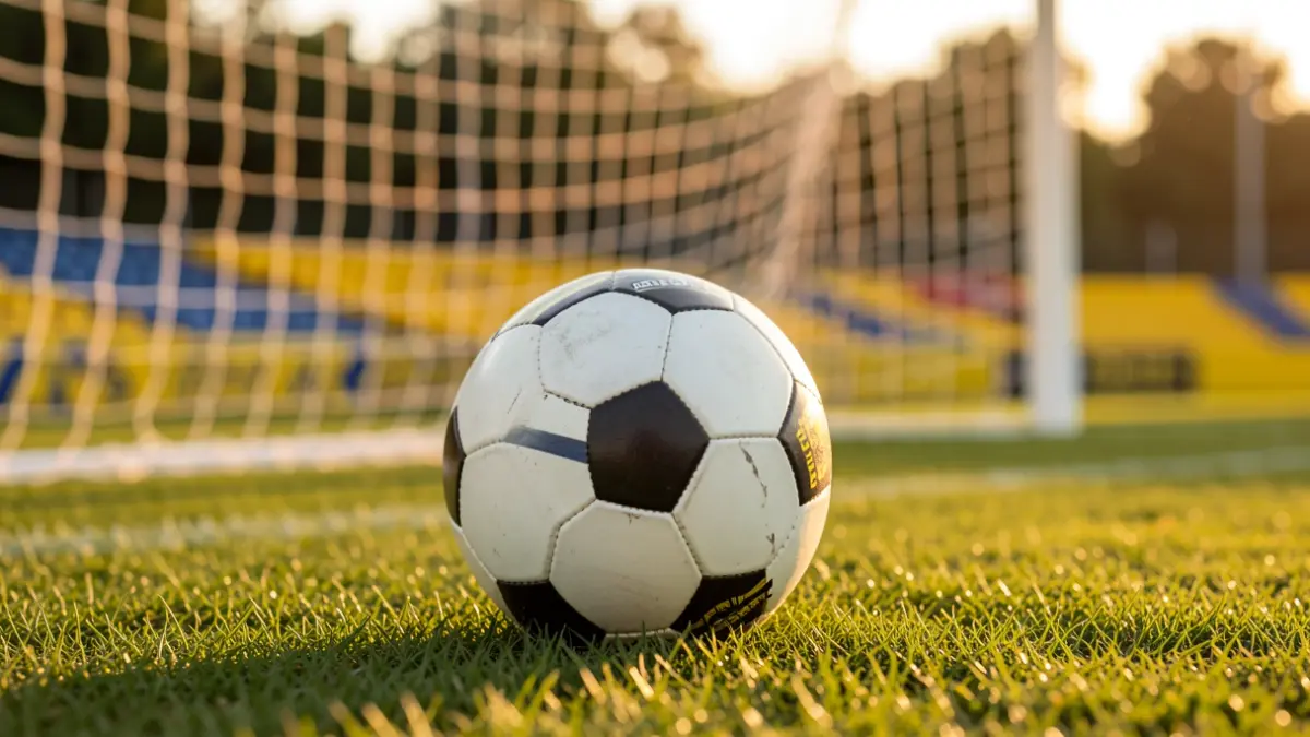 Imagen genérica de un balón de fútbol sobre césped con la red de portería desenfocada.