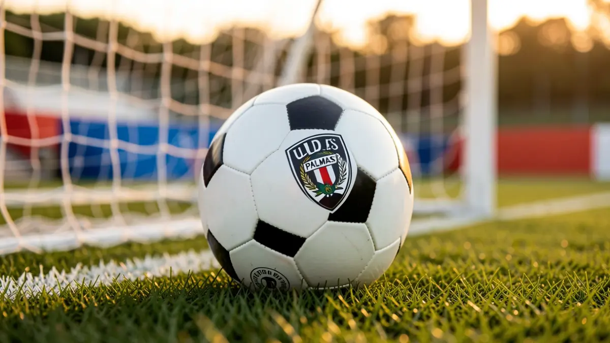 Generic image of a soccer ball on grass with the goal net out of focus.
