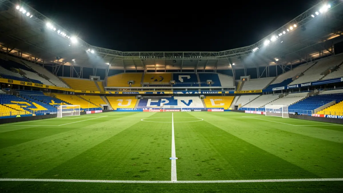 Imagen genérica de un campo de fútbol con las luces encendidas.