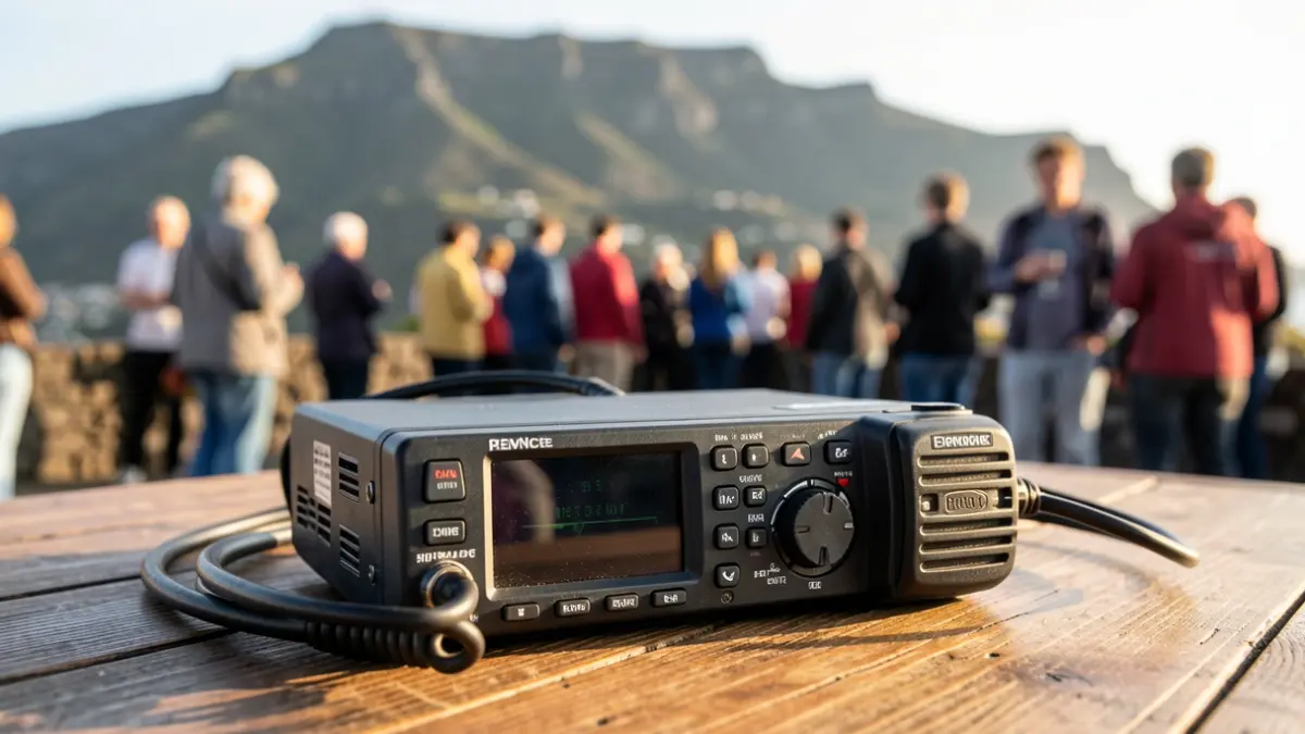 Emergency communications equipment with a mountainous landscape in the background.