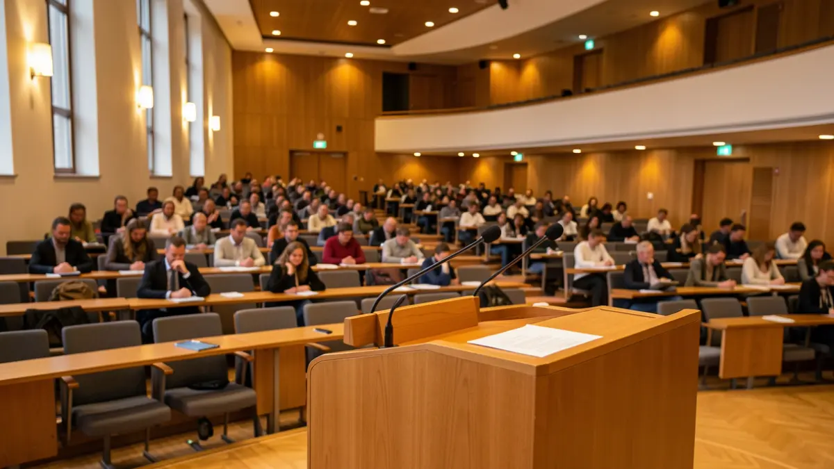 Imagen genérica de un aula universitaria vacía con un atril y luces cálidas.