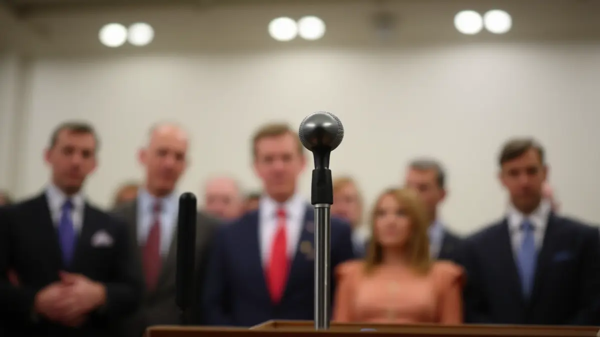 Imagen genérica de un micrófono en un podio durante una rueda de prensa.