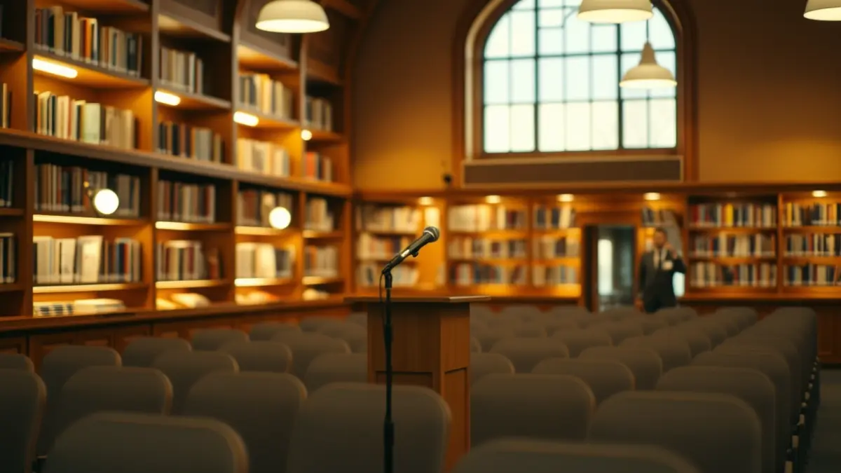 Generic image of a theater stage or reading room with a microphone.