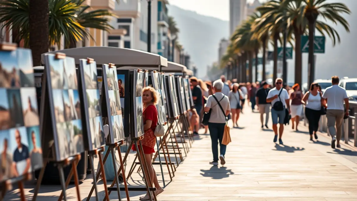 Exposición de fotografías al aire libre en una rambla urbana.