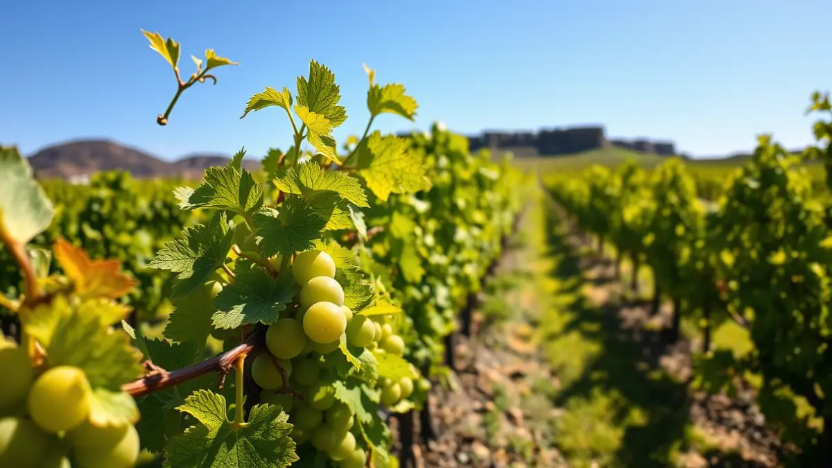 Vineyards in Lanzarote with growing grapes, under the sun.