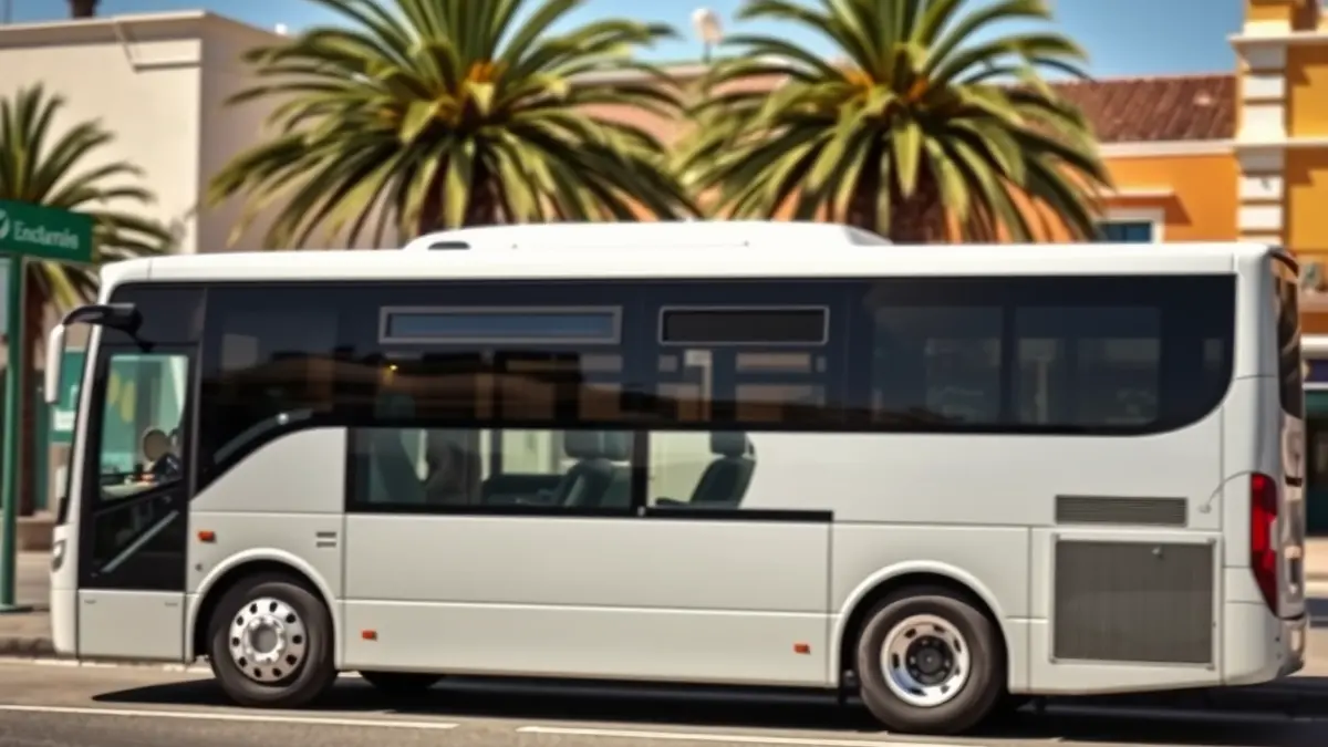 Image of a modern hybrid bus at a bus stop in Playa Blanca, Lanzarote.