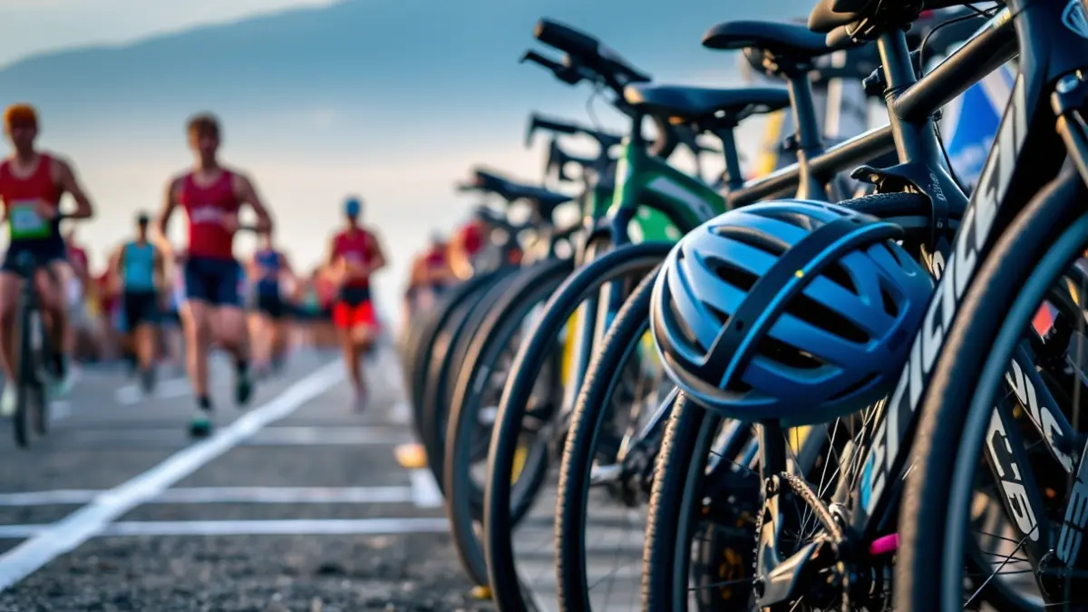 Imagen genérica de la zona de transición de un triatlón con bicicletas y equipamiento.