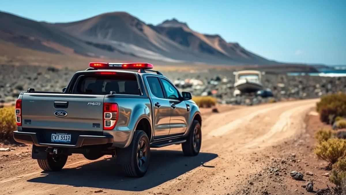 Vehículos de emergencia, incluyendo una embarcación neumática y dos camionetas pick-up, en un entorno volcánico de las Islas Canarias.