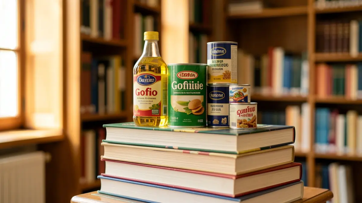 Generic image of books and non-perishable food items for a solidarity campaign.
