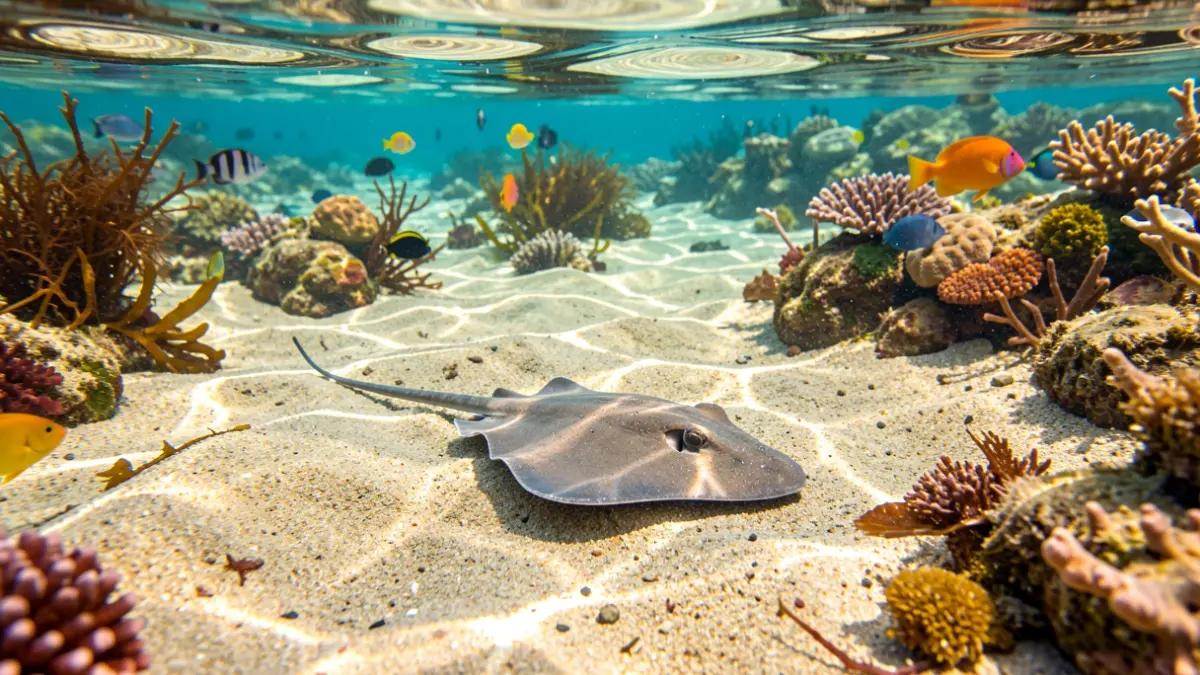 Underwater image of a ray on the sandy bottom of Las Canteras beach.