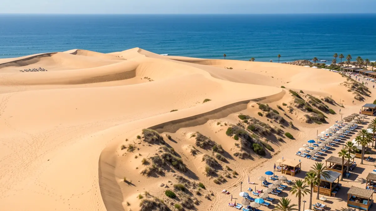 Imagen aérea de las dunas de Maspalomas con zonas turísticas cercanas.