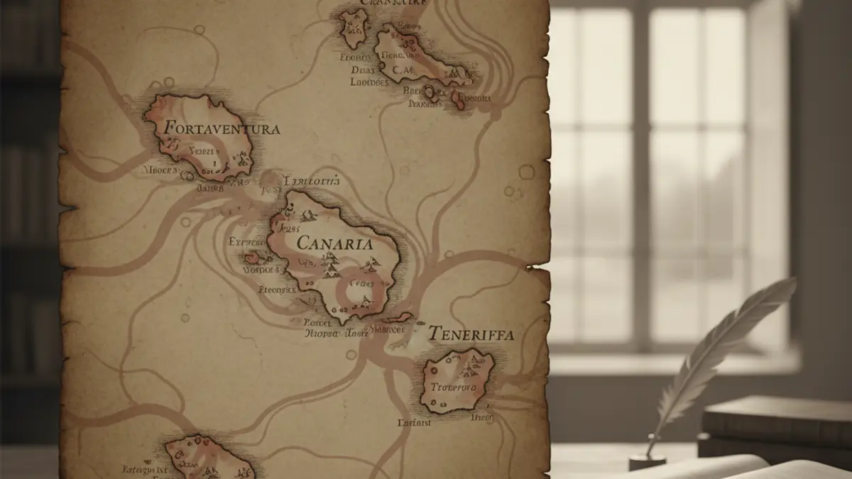 Mapa antiguo de las Islas Canarias con patrones abstractos que simbolizan la propagación de enfermedades.