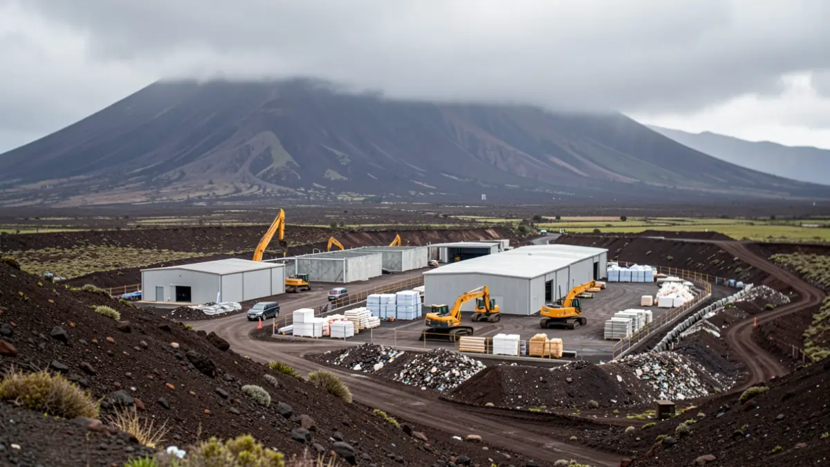 Image of the construction site for the Los Rodeos waste disposal facility in La Laguna, Tenerife, affected by rain.