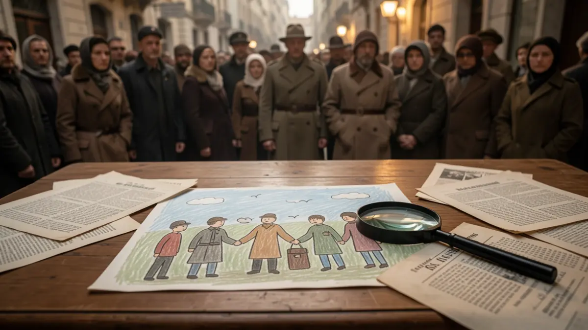 Dibujo infantil de la Guerra Civil Española sobre documentos históricos.