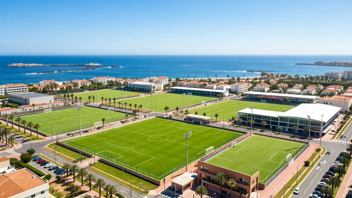 Aerial view of a sports complex in Las Palmas de Gran Canaria with multiple facilities.