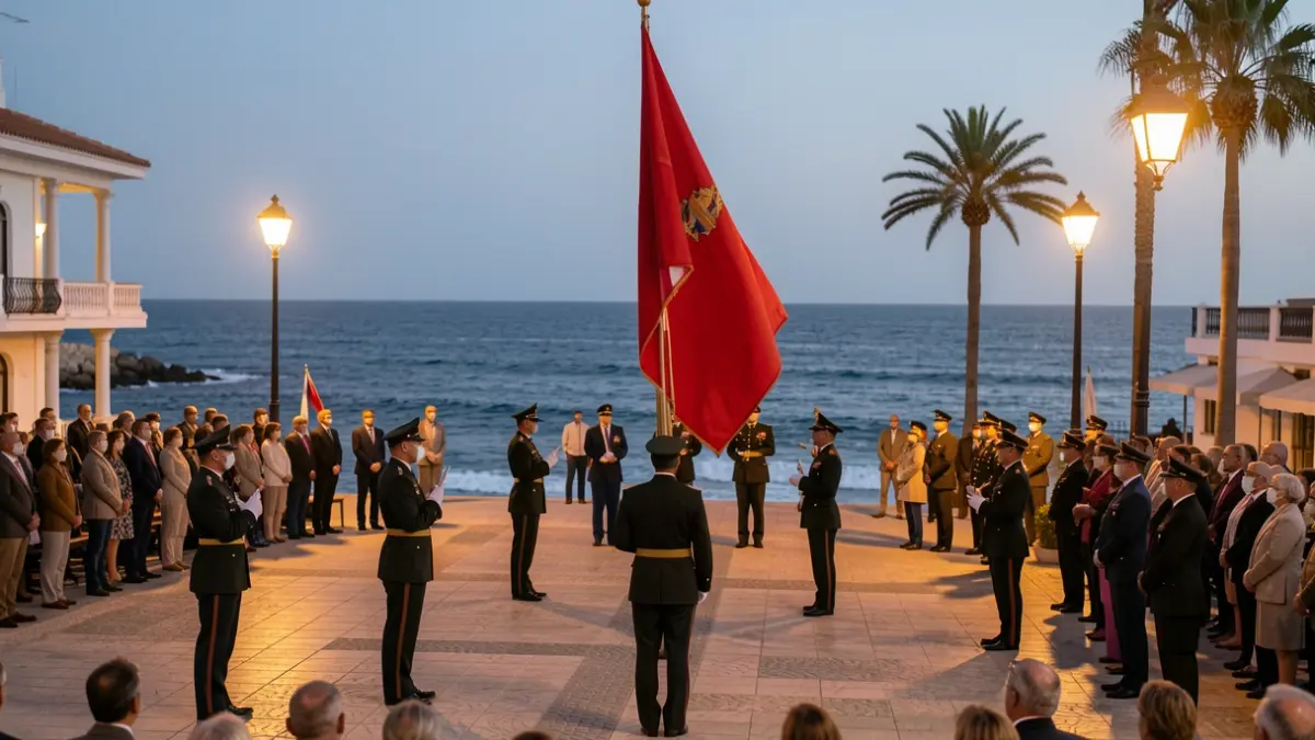 Generic image of a military flag-lowering ceremony in a public square at dusk.