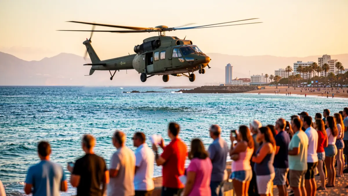 Military helicopter flying over the coast of Las Palmas de Gran Canaria during the Armed Forces Day celebration.