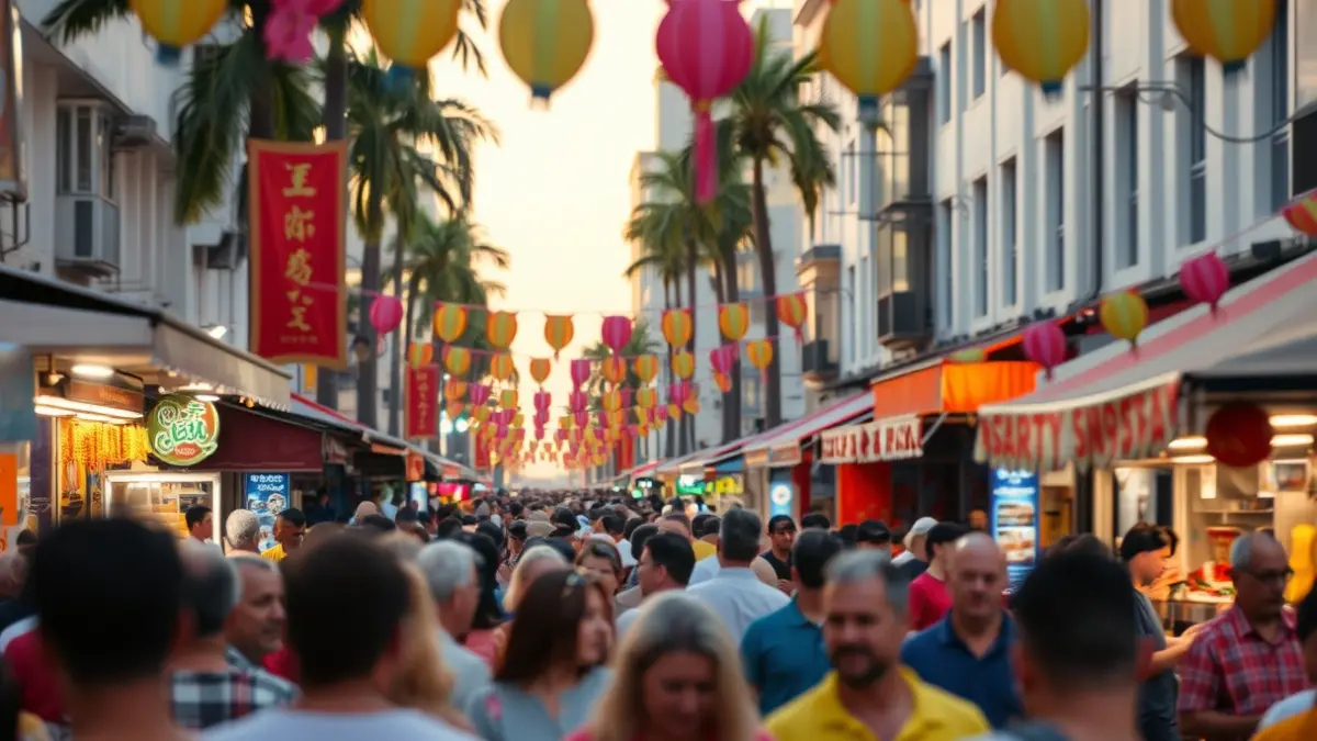 Generic image of a cultural festival in a coastal city, with people and food stalls.