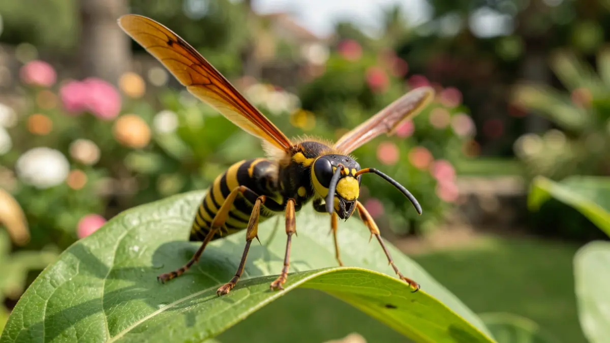 Close-up of an Asian hornet on a green leaf in a Canary Islands garden.