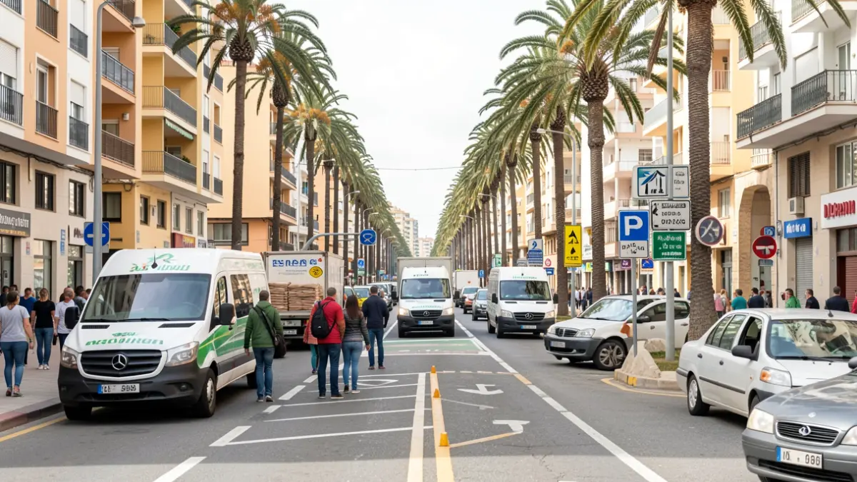 Imagen de una calle urbana en Las Palmas de Gran Canaria con vehículos de reparto y zonas de estacionamiento regulado.