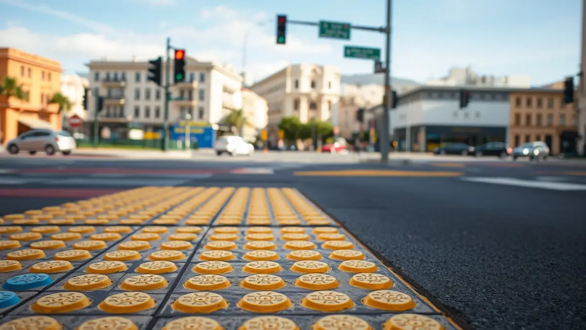 Imagen de un pavimento podotáctil de colores en una calle de Las Palmas de Gran Canaria, con semáforos acústicos y mobiliario urbano.
