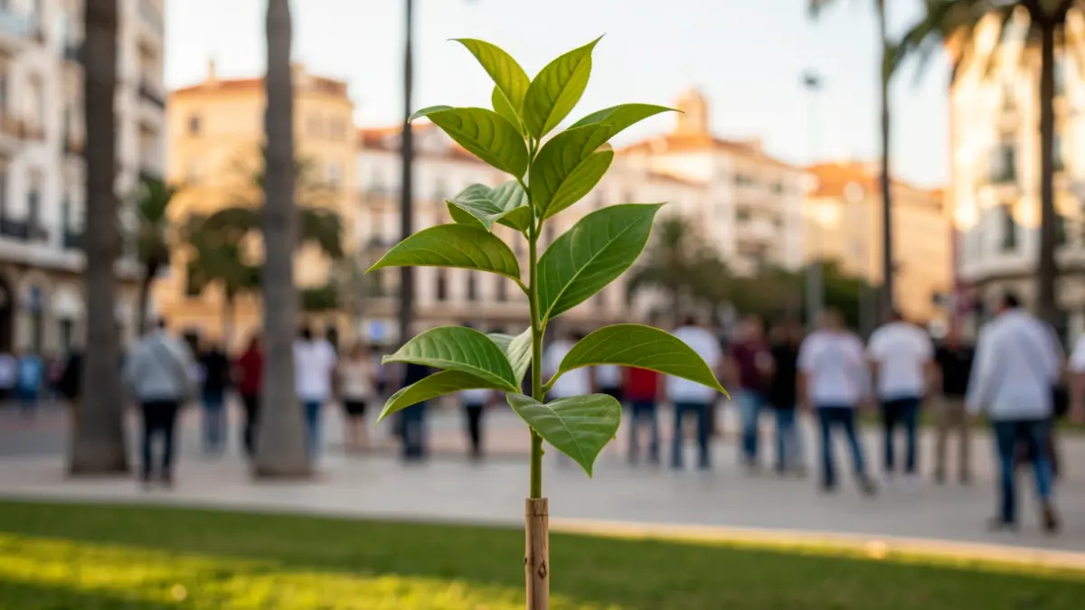 Imagen de un árbol joven plantado en un entorno urbano de Las Palmas de Gran Canaria.