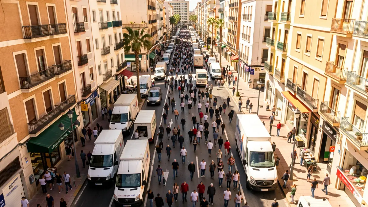 Aerial view of an urban street with commercial activity and delivery vehicles in Las Palmas de Gran Canaria.
