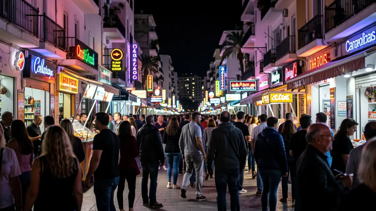 Imagen genérica de una zona de ocio nocturno en Canarias con luces de neón y ambiente urbano.