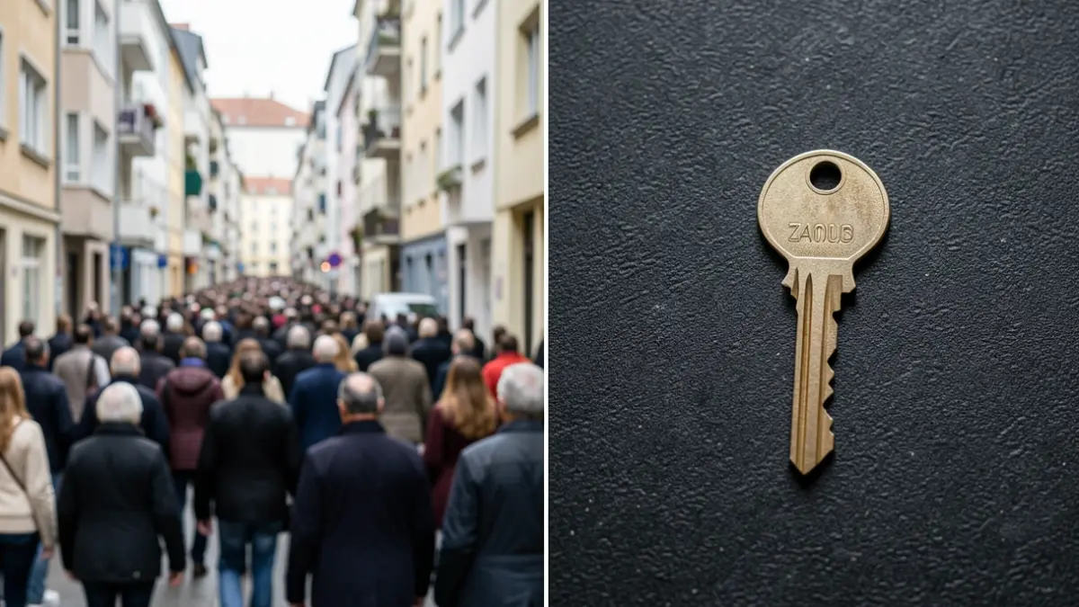 Imagen simbólica de la crisis de la vivienda en Canarias, con edificios abarrotados y una llave solitaria.