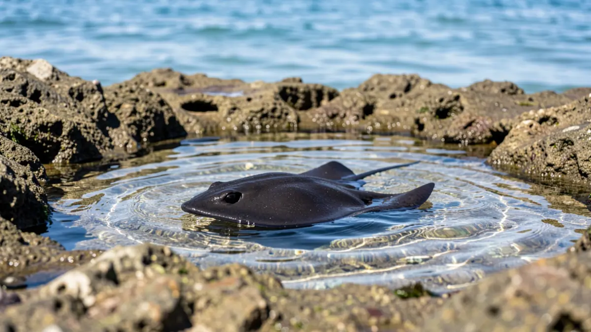 Un chucho negro atrapado en una piscina natural de La Laja es liberado al mar.