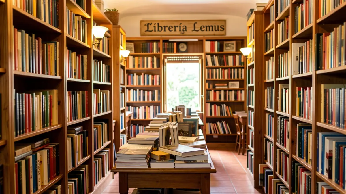 Interior of Librería Lemus in La Laguna, with shelves full of books and a cozy atmosphere.