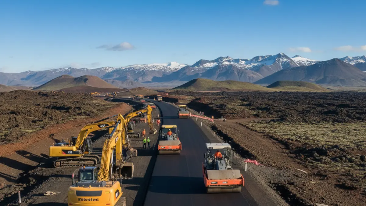 Imagen de obras de rehabilitación en una autopista con maquinaria pesada y paisaje volcánico.