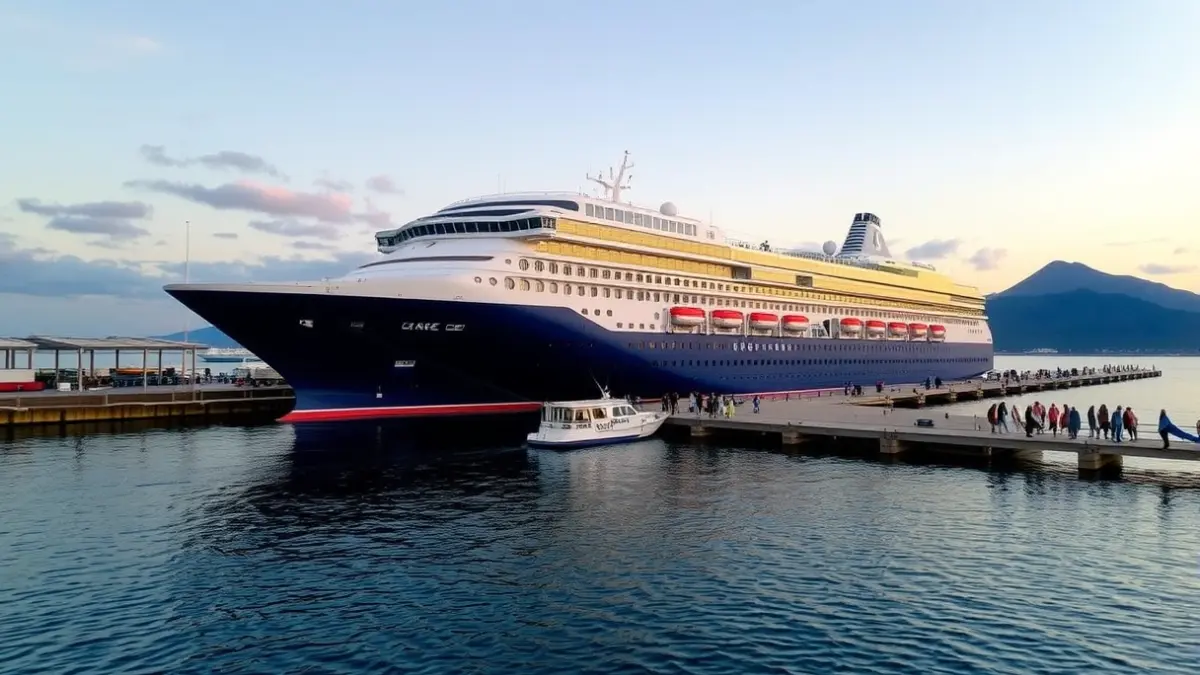Imagen de un crucero llegando a un puerto canario al amanecer, con pasajeros siendo evacuados en lancha.