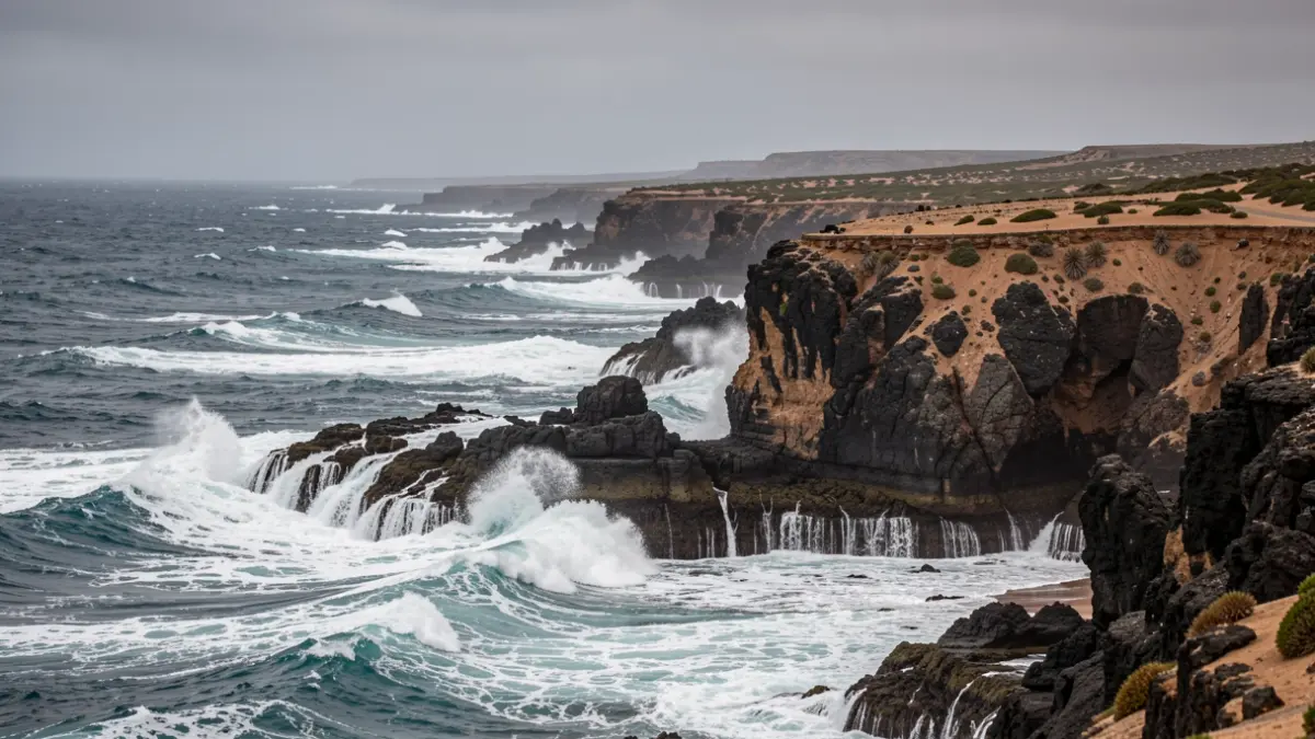 Generic image of a rugged, rocky coastline with strong waves in Fuerteventura.