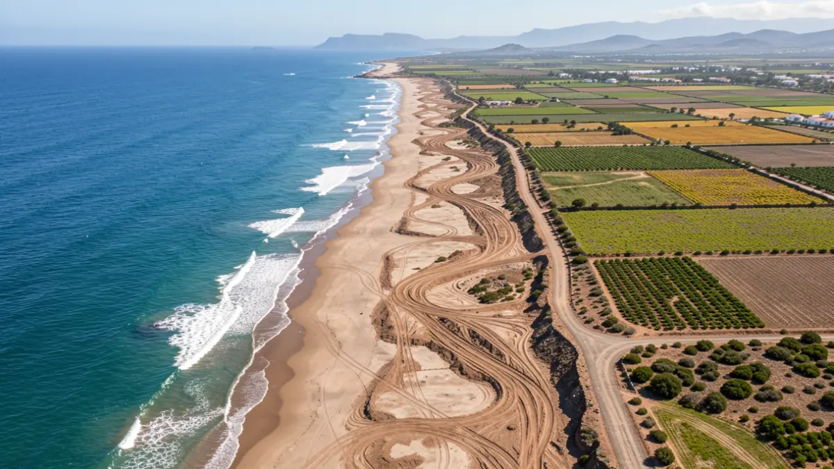 Vista aérea de la playa de Veneguera en Gran Canaria, destacando la transición natural entre la costa, el barranco y los cultivos.