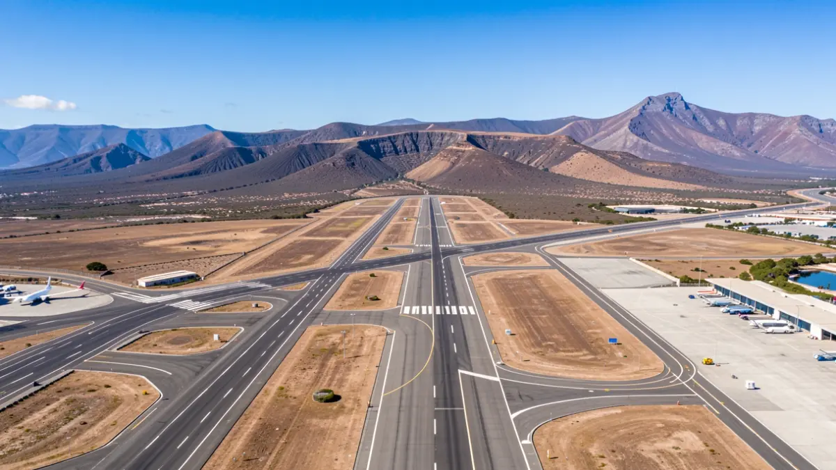 Aerial view of an airport runway in the Canary Islands with volcanic landscape in the background.