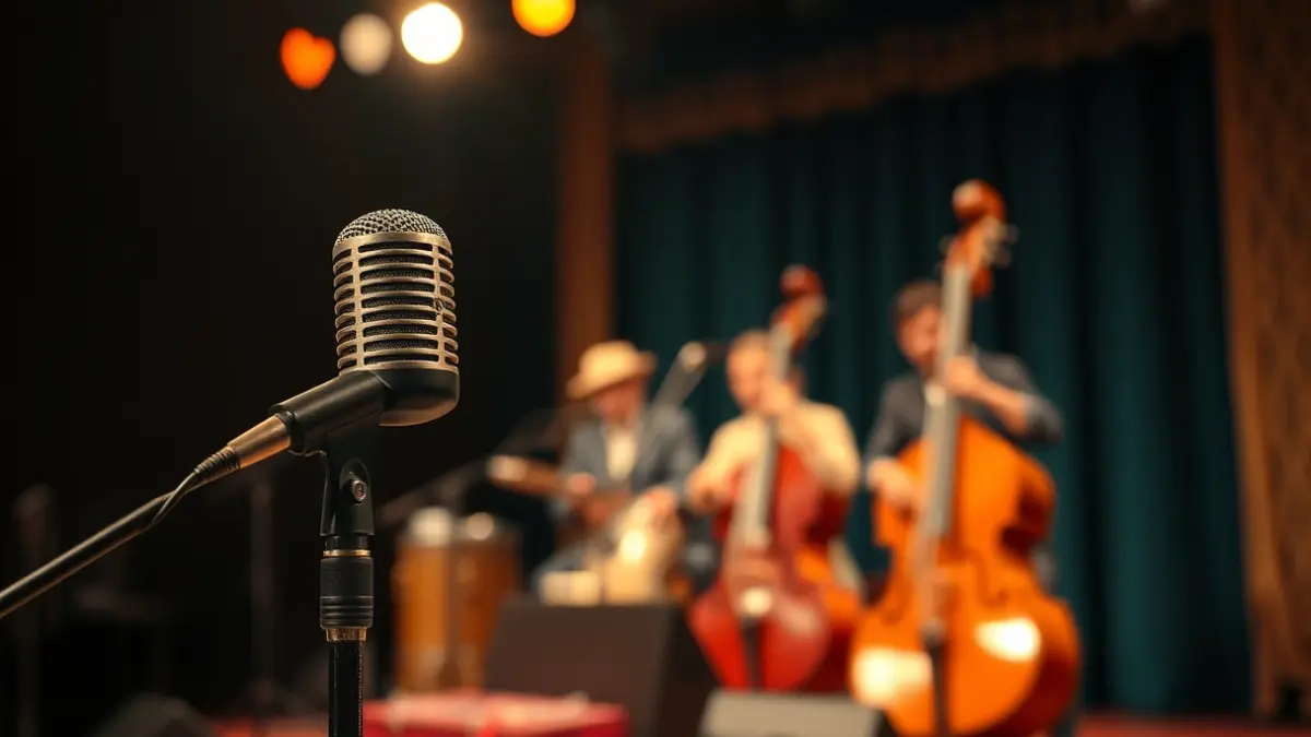 Imagen de un micrófono en un escenario con instrumentos musicales canarios tradicionales desenfocados al fondo, representando la fusión cultural.