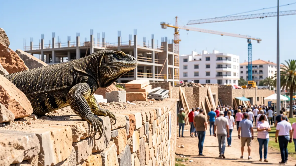 Gran Canaria giant lizard on a construction wall in Telde.