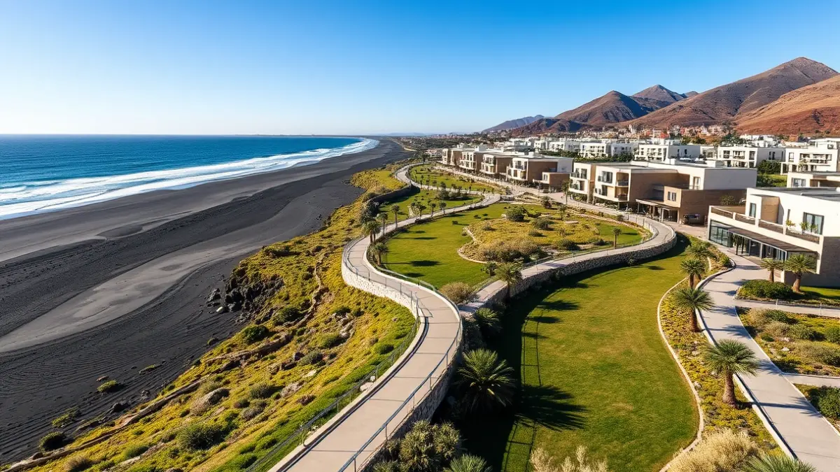 Image of a sustainable coastal development project in La Palma, with green areas and modern buildings.