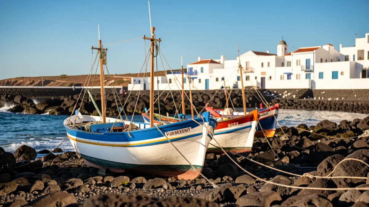 Traditional fishing boats on a rocky beach in Fuerteventura.