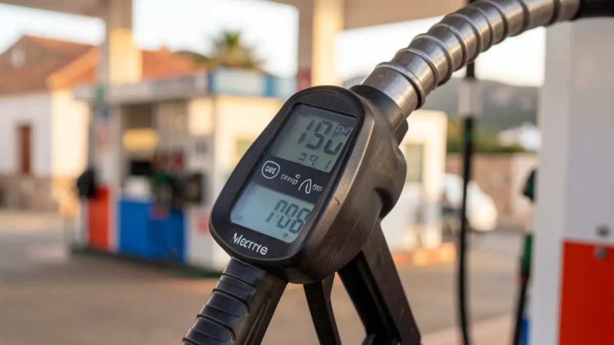Close-up of a gas pump nozzle with a low price at a gas station in the Canary Islands.